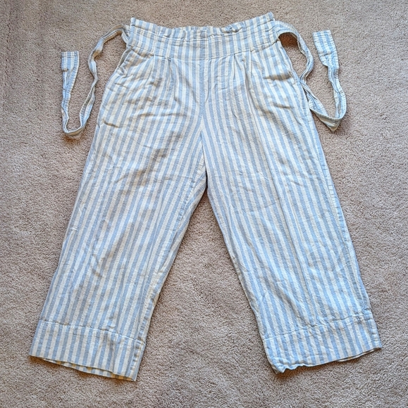 Madewell Blue/White Stripe Tie Waist Pull On Cropped Wide Leg Pants, Size L - Picture 3 of 5